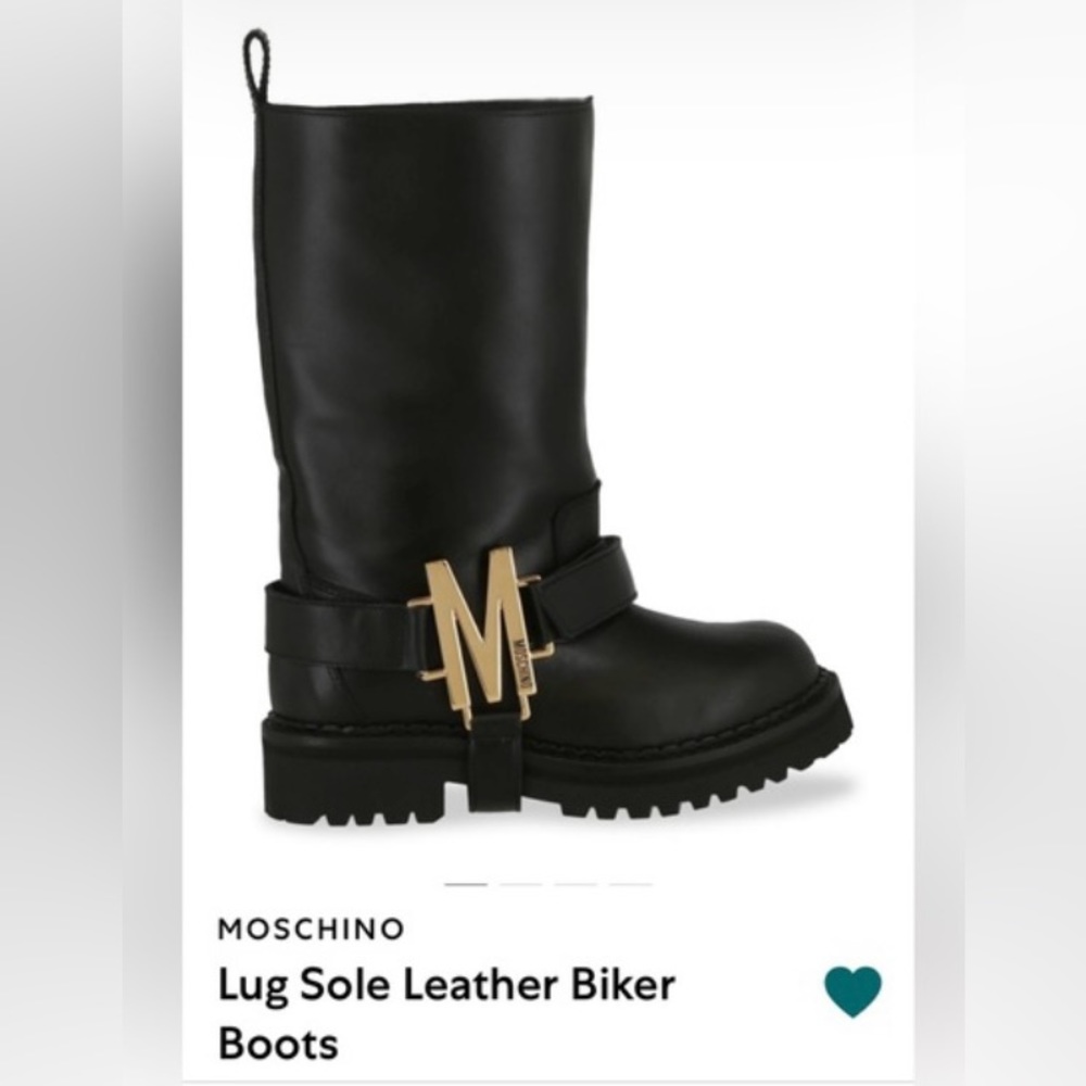 Moschino Black Leather Biker Boots with Gold Accent